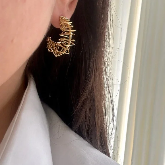 14K Gold Plated Scribble Hoop Earrings*Geometric Abstract Design*Waterproof - Picture 2 of 2